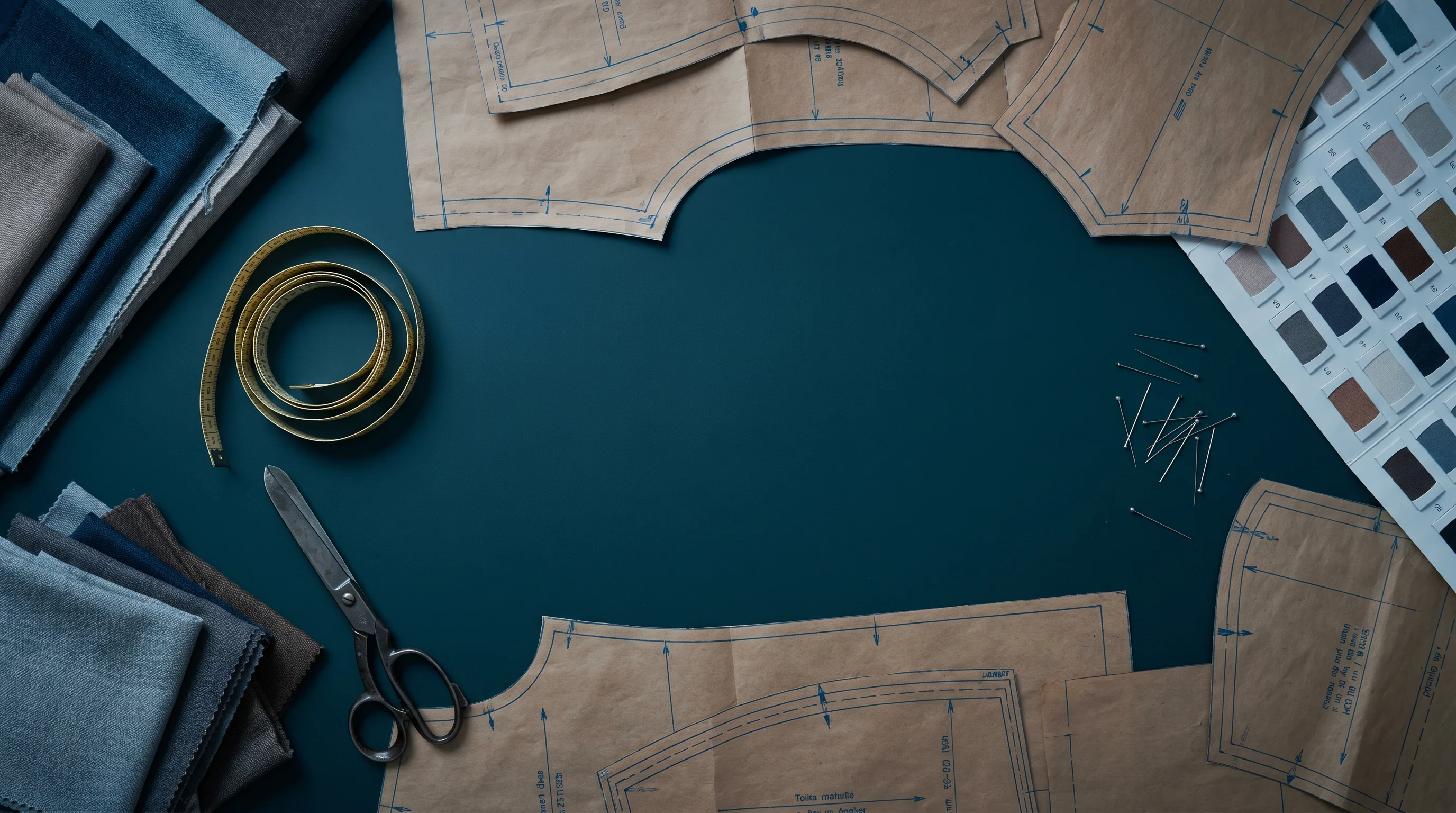 Top-down pattern-making table — paper sewing patterns, measuring tape, scissors and fabric swatches on a deep-teal surface