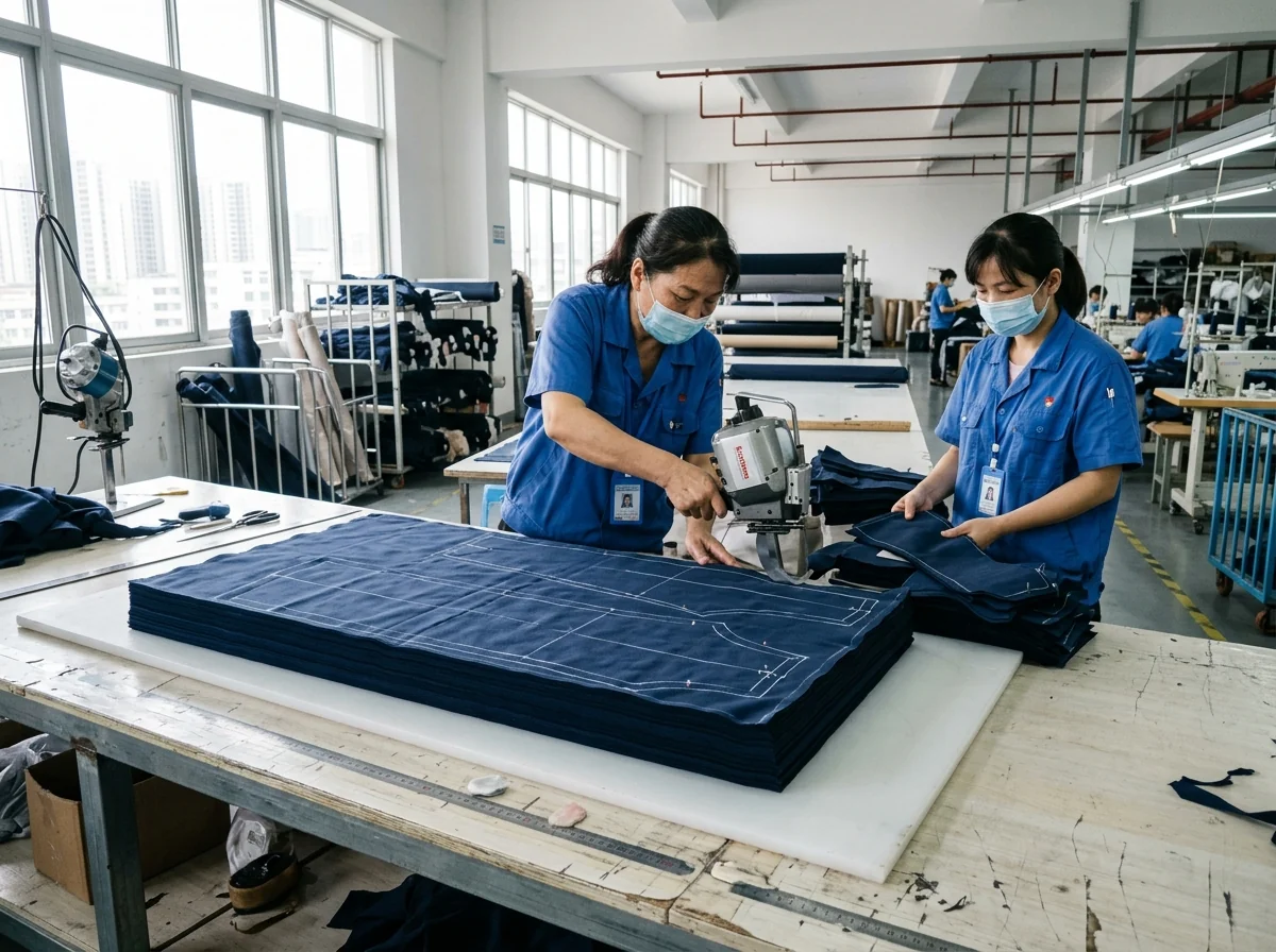 Stage 1 cutting — multi-ply fabric lay on the cutting table
