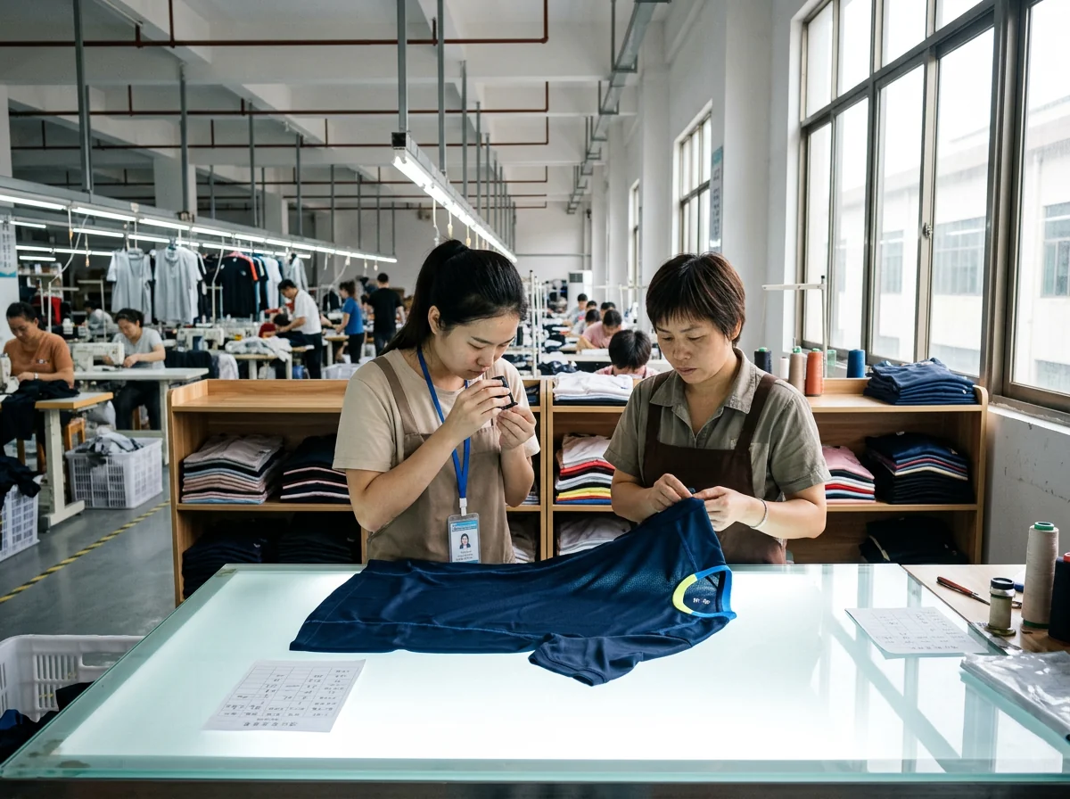 Stage 5 quality — garments checked on a lit inspection table