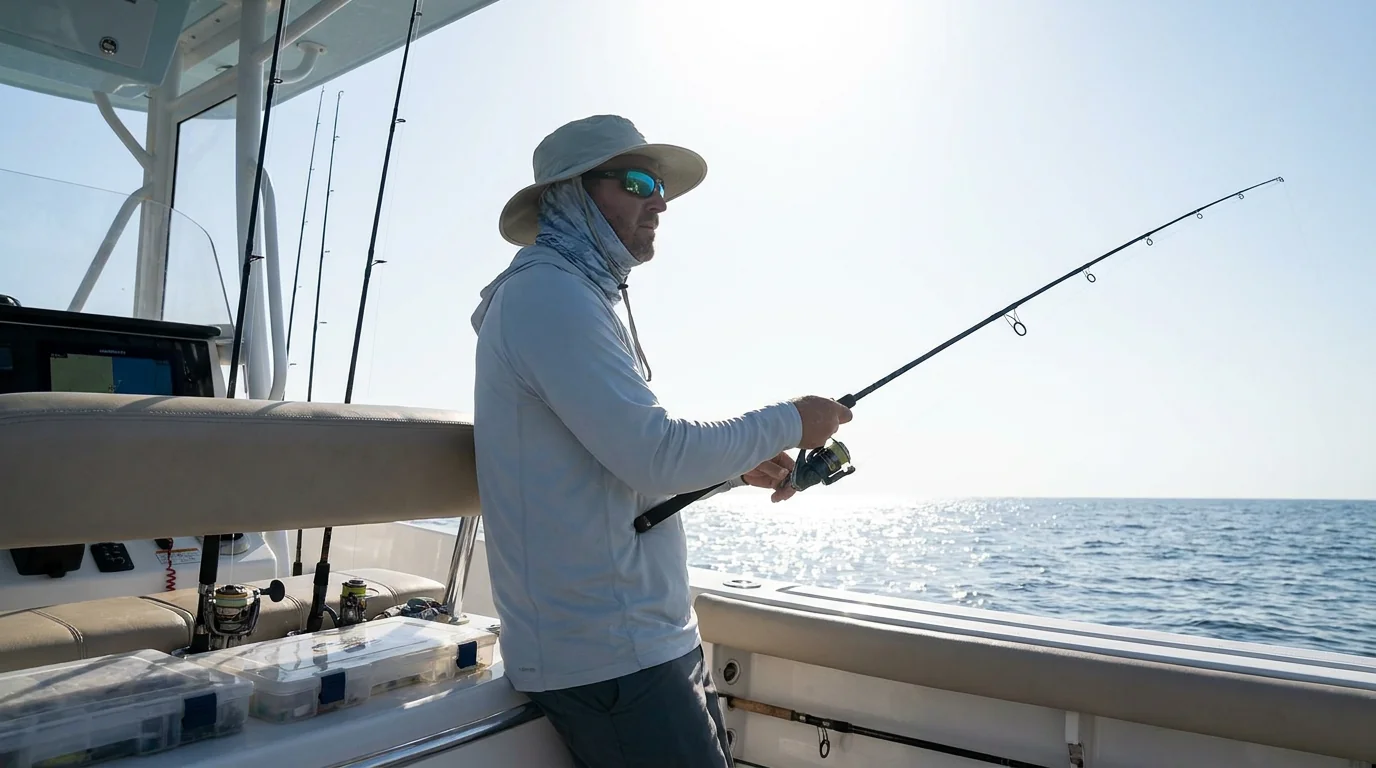Branded fishing accessories handed out at a dealer counter