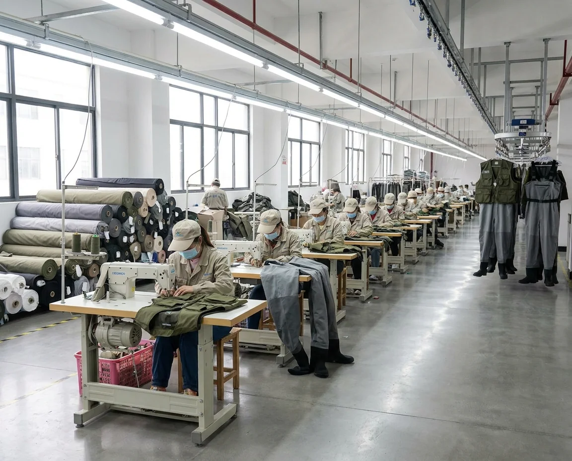 A fishing apparel warehouse holding a standing range for distributor replenishment