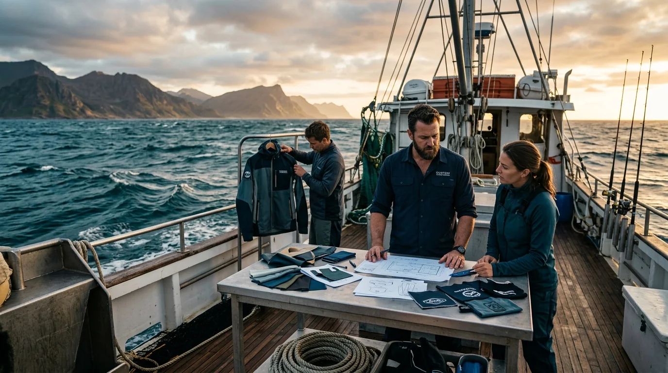 A coordinated custom fishing gear set — shirts, hats, gaiters, a flag and a bag in one design