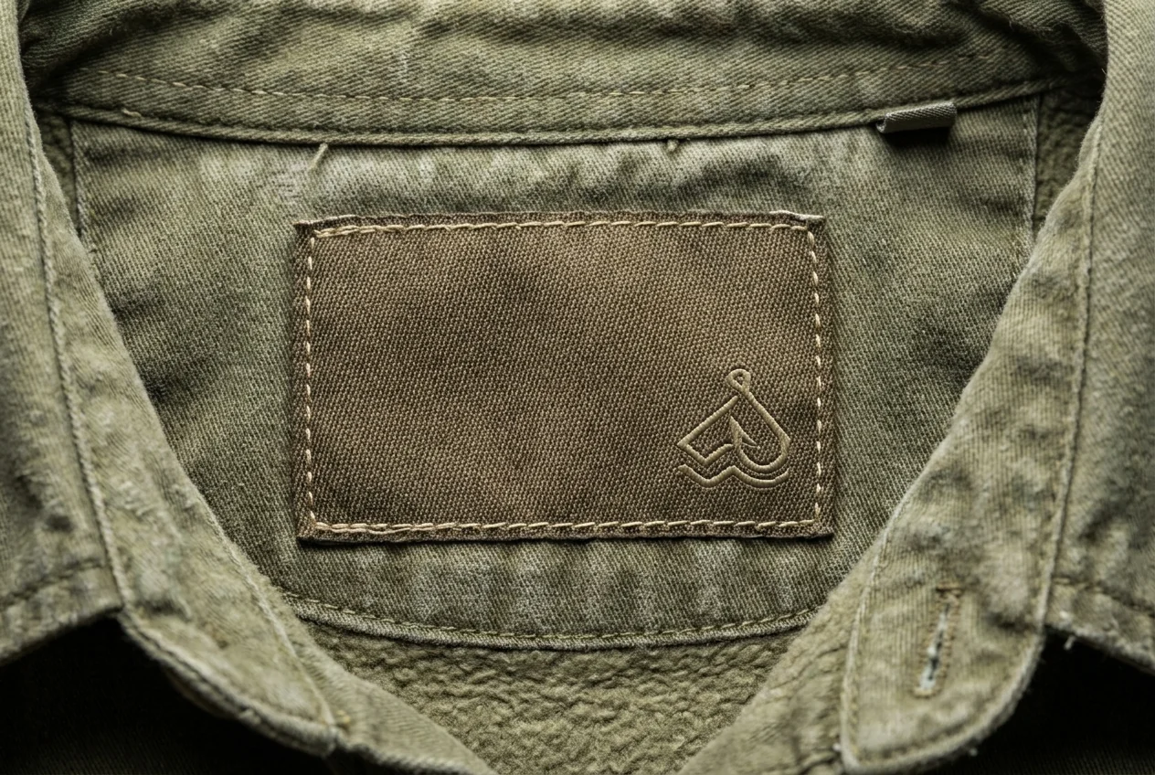 Woven brand label on the neoprene cuff of a fishing glove
