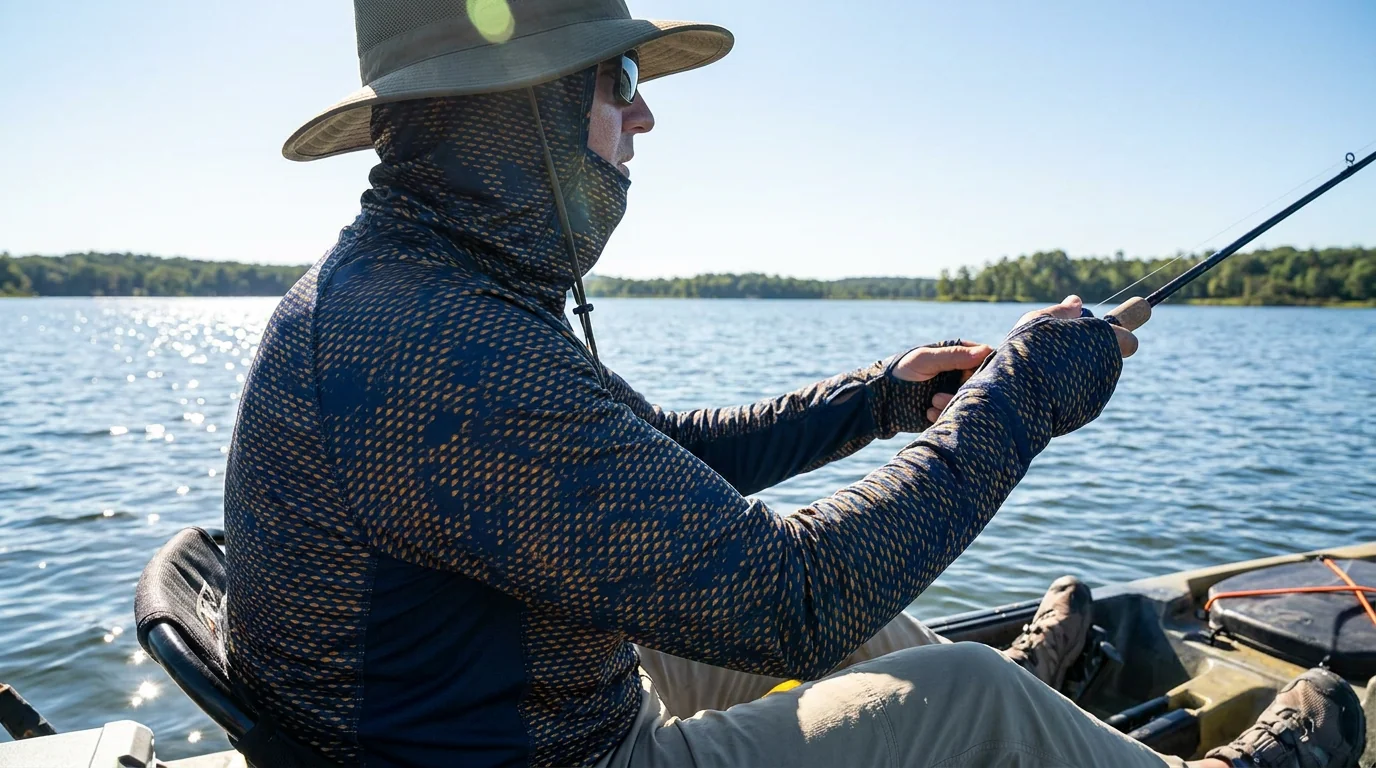 UPF back-of-hand panel on a fishing sun glove