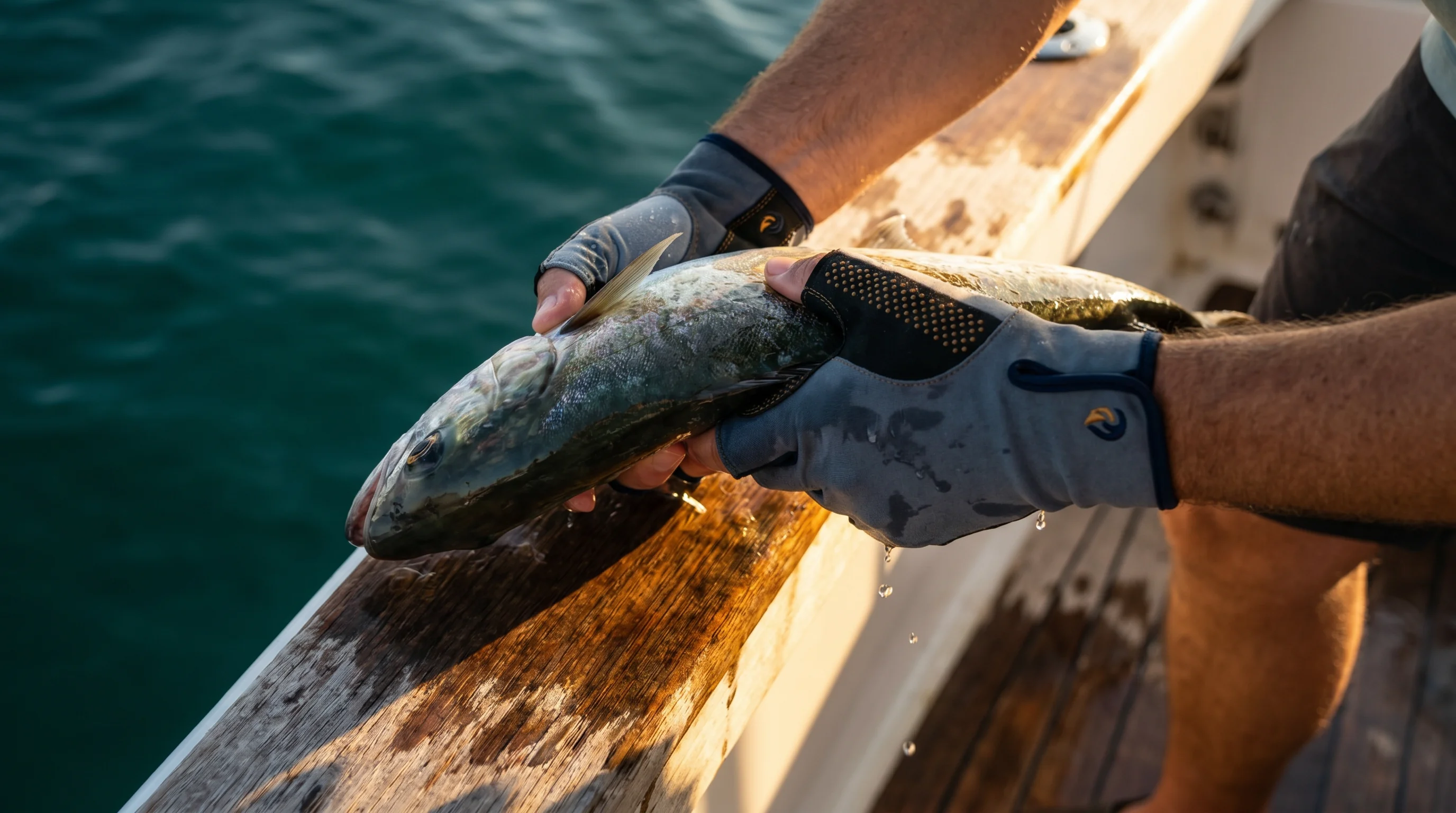 A gloved hand gripping a wet fish at the boat rail in branded fishing gloves