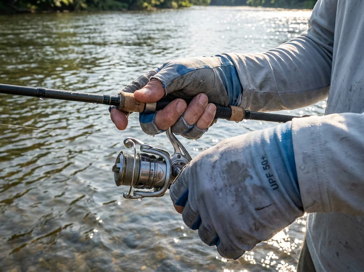 Fingerless sun-protection fishing glove with UPF back-of-hand panel