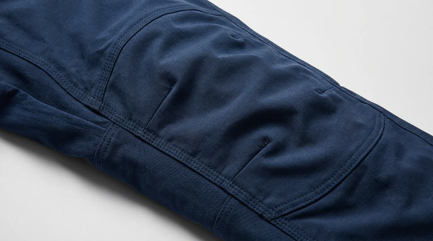 Custom fishing pant leg showing the articulated knee and gusseted crotch