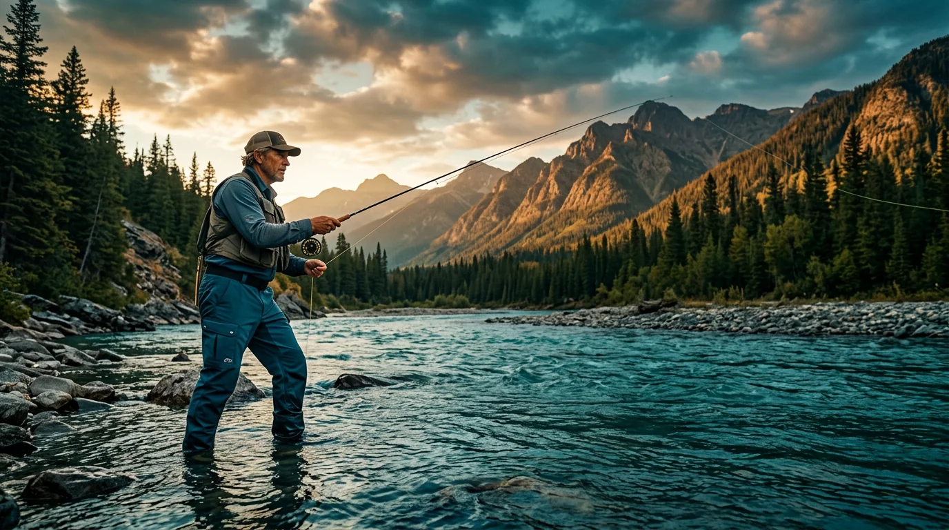 Angler in custom fishing pants stepping over a gunwale on the water