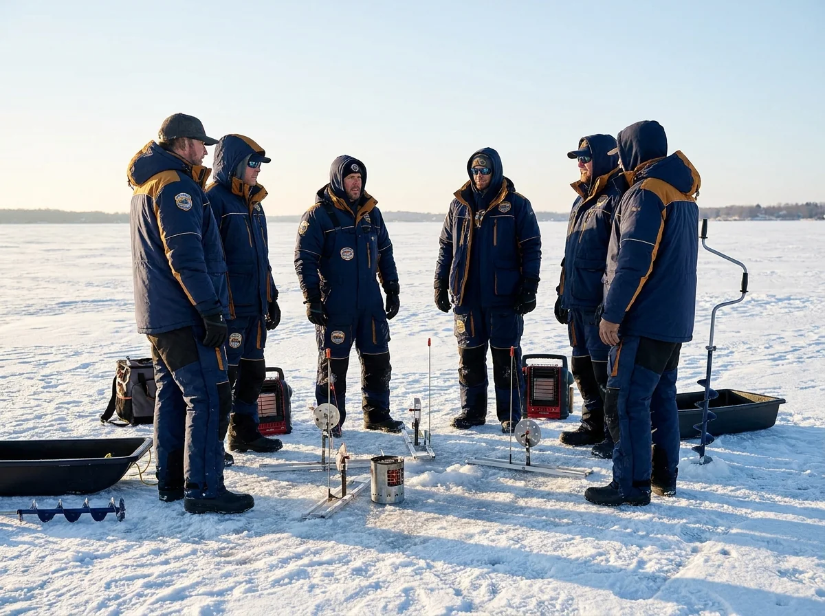 A fishing crew and marine dealer staff in collared uniform fishing polos on the dock
