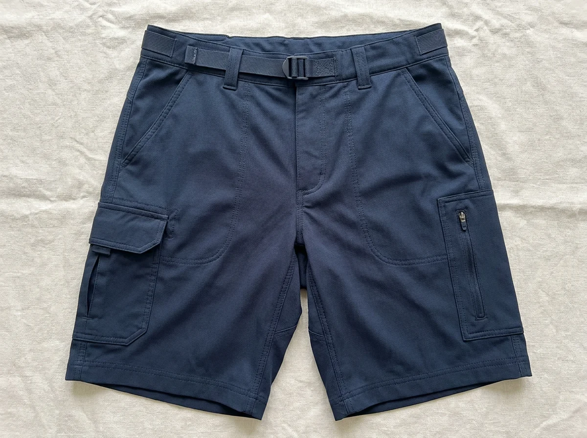 Fishing shirt laid flat, annotated with its construction features