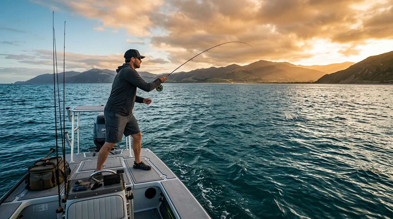Angler in custom fishing shorts wading a shallow flat on the water