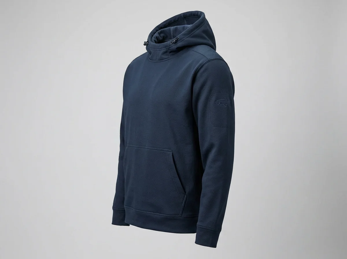 Sweatshirt outline showing hood-back, chest, sleeve and pocket logo placement zones