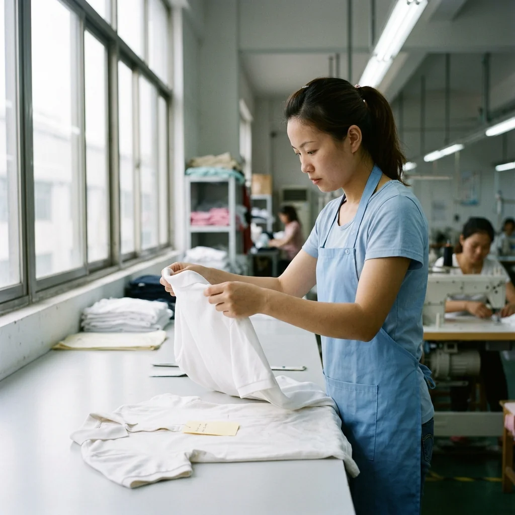 QC inspection checking a garment against the approved sample