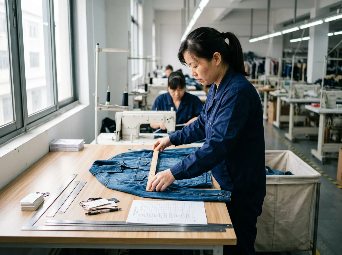 Lit quality-inspection table measuring garments against spec