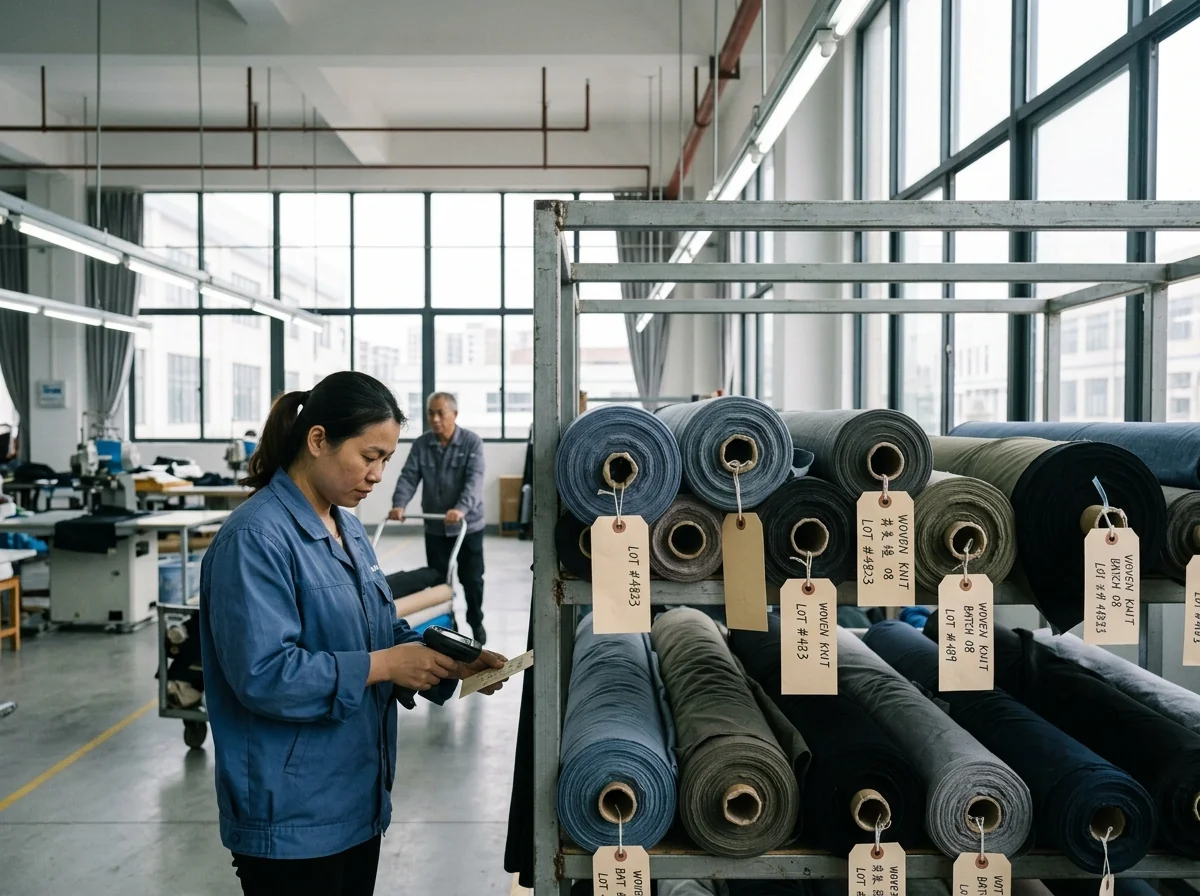 Racked rolls of performance knit and woven fabric tagged by lot