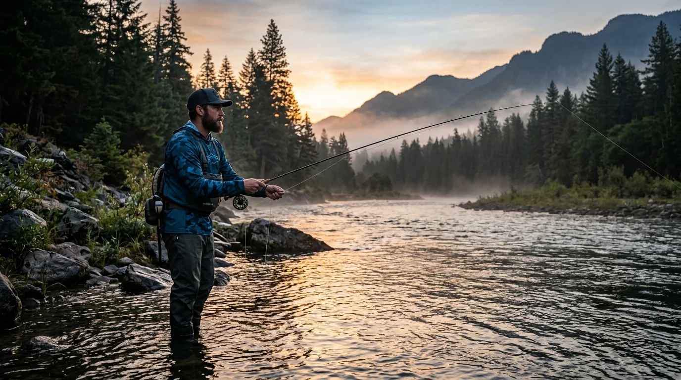 Angler wearing a custom UPF long-sleeve fishing shirt with roll-up sleeves on the water
