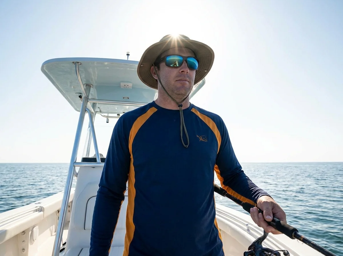 Long-sleeve fishing shirt shown on-form, full and rolled states