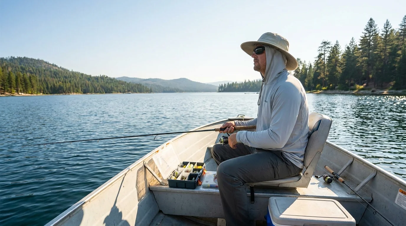 Angler wearing a fishing neck gaiter pulled up as a face mask on the water