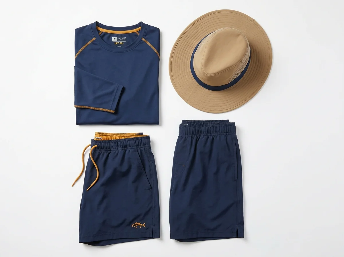 Private label fishing apparel on a retail shelf and in ecommerce packing