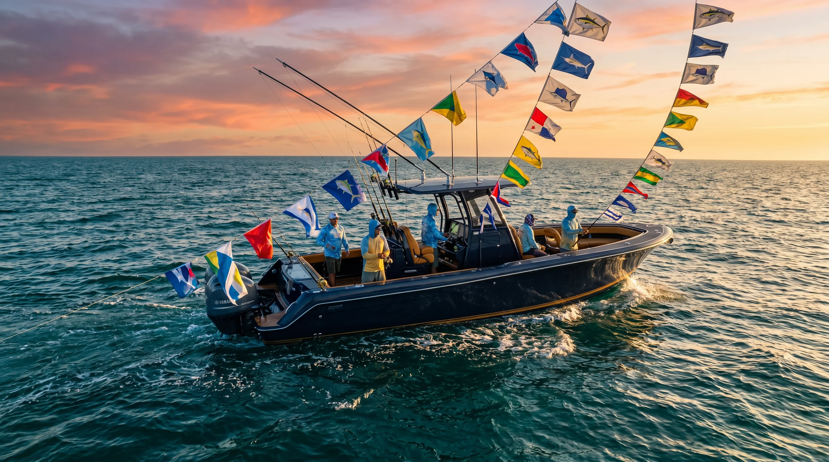 A sportfishing boat flying a run of species and release flags from the rigger at day's end