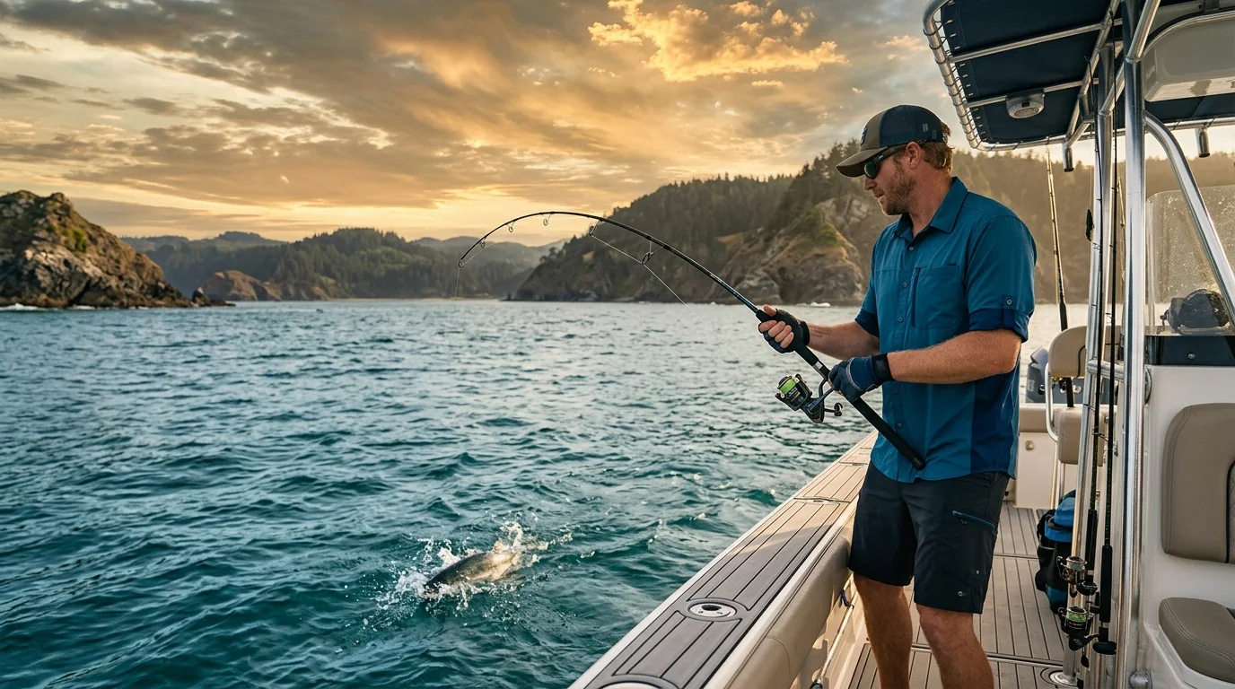 Angler wearing a custom UPF short-sleeve fishing shirt on the water in hot weather