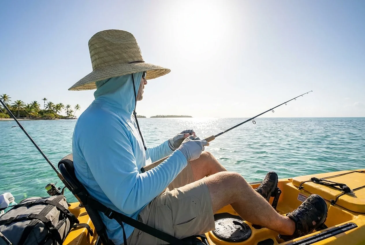 Anglers fishing in hot, tropical weather in short-sleeve fishing shirts