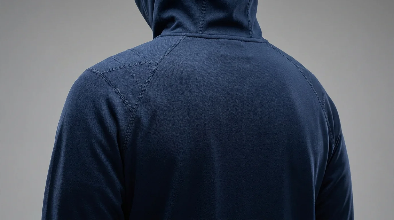 Sun hoodie outline showing hood-back, chest, sleeve and collar logo placement zones