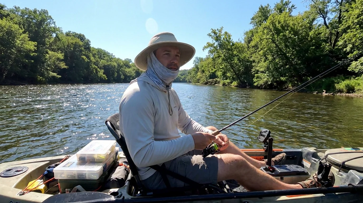 Angler sight-fishing the flats from a kayak facing the sun