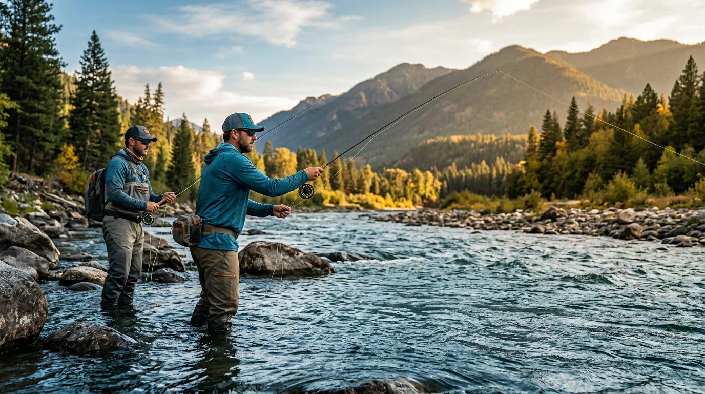 A collection of custom UPF 50+ sun-protection fishing apparel worn on the water at golden hour